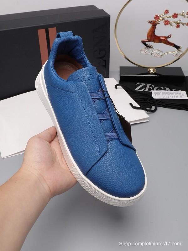 2024 Men Ermenegildo Zegna Blue Leather Low Top Sneakers MJ00240