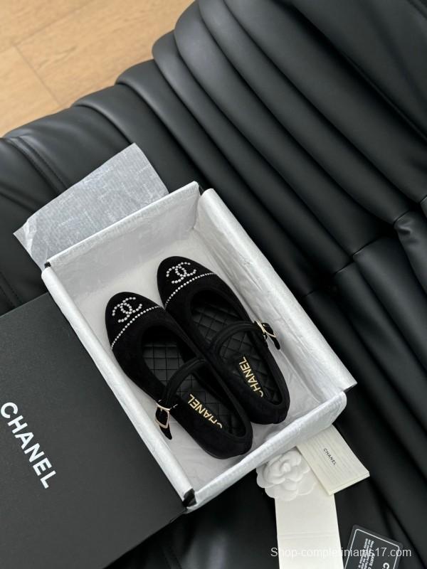 2025 Women Chanel Black Velvet Mary Jane Embroidered LY00280