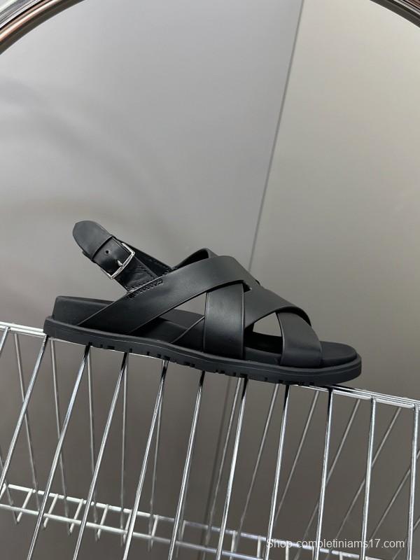 2025 Women Hermès Black Leather Sandals