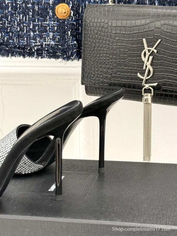 2025 Women Yves Saint Laurent Black Silver Crystal Leather Heeled Slippers LY00300