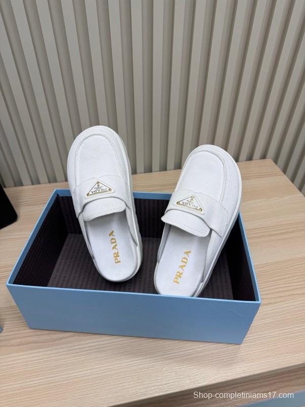 2025 Women Prada White Canvas Platform Loafers