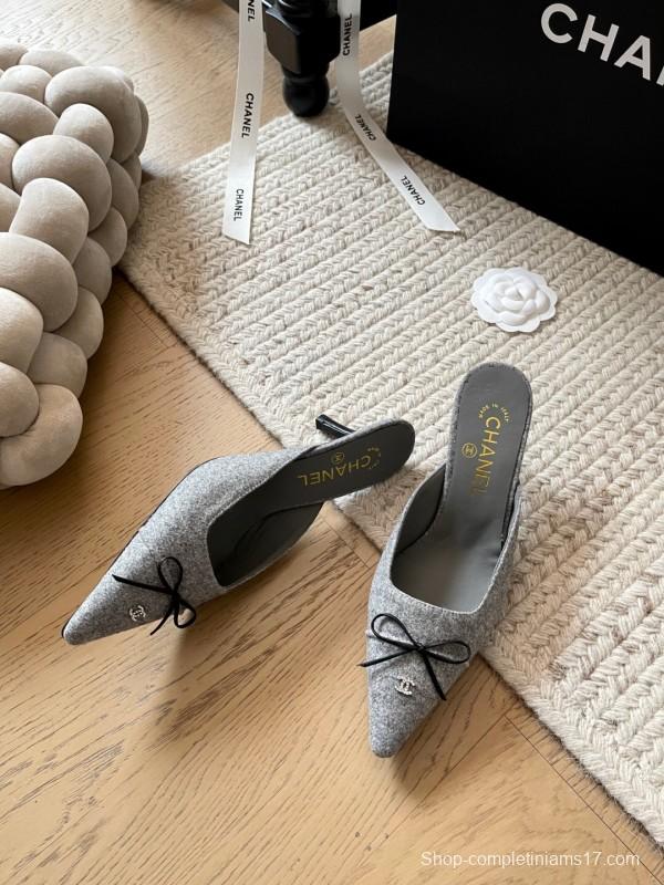 2025 Women Chanel Grey Fabric Pointed Toe Mules KFY00290