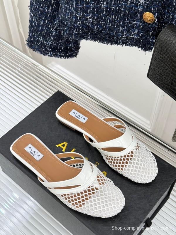 2025 Slippers AlAIA White Leather Mesh Flat Shoes