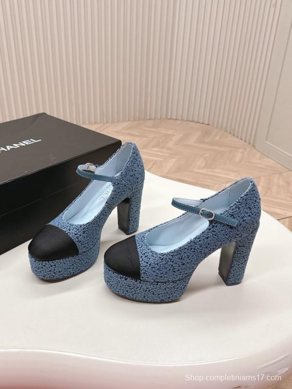 2025 Women Chanel Blue Black Tweed Leather Platform Pumps KFY00330