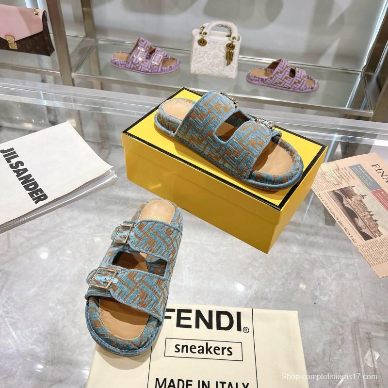 2025 Fendi Blue Beige Fabric Leather Slippers KFY00250