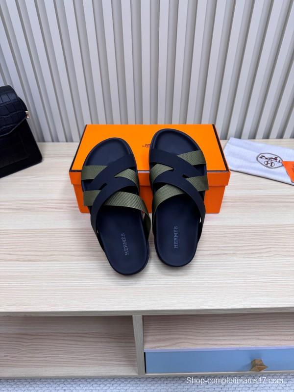 2025 Men Hermès Black Green Fabric Leather Slippers