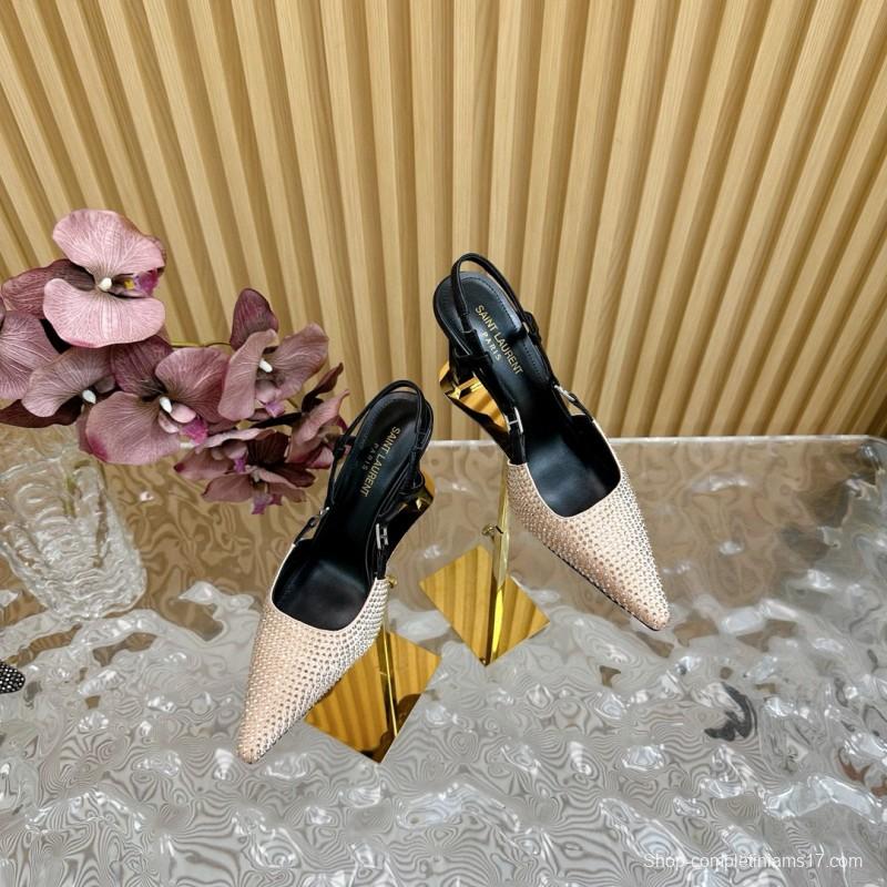 2024 Women Yves Saint Laurent Beige Rhinestone Silk Slingback Pumps MJ00320