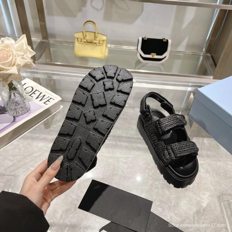 2025 Women Prada Black Woven Leather Sandals LY