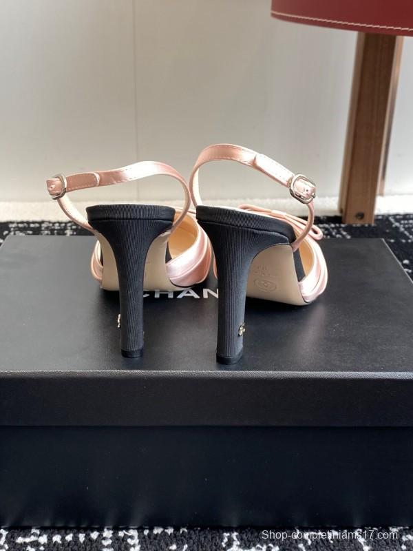 2025 Women Chanel Pink Black Satin Leather Slingback Heels KFY00289