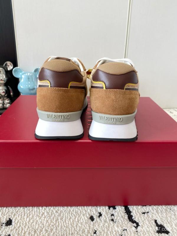 2025 Unisex Valentino Beige Brown Yellow Suede Silk Cow Leather Sneakers LY00340