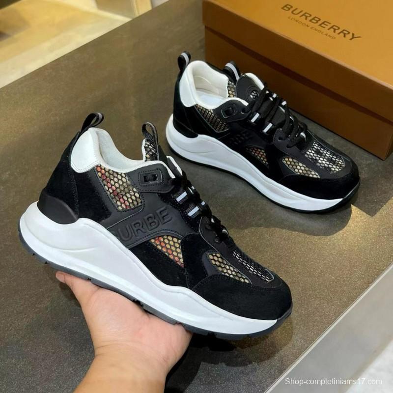 2025 Unisex Burberry Black White Suede Leather Cotton Sneakers Vintage MJ00380