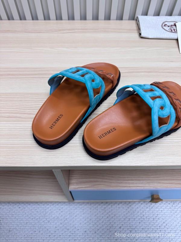 2025 Slippers Hermès Blue Brown Leather Slippers