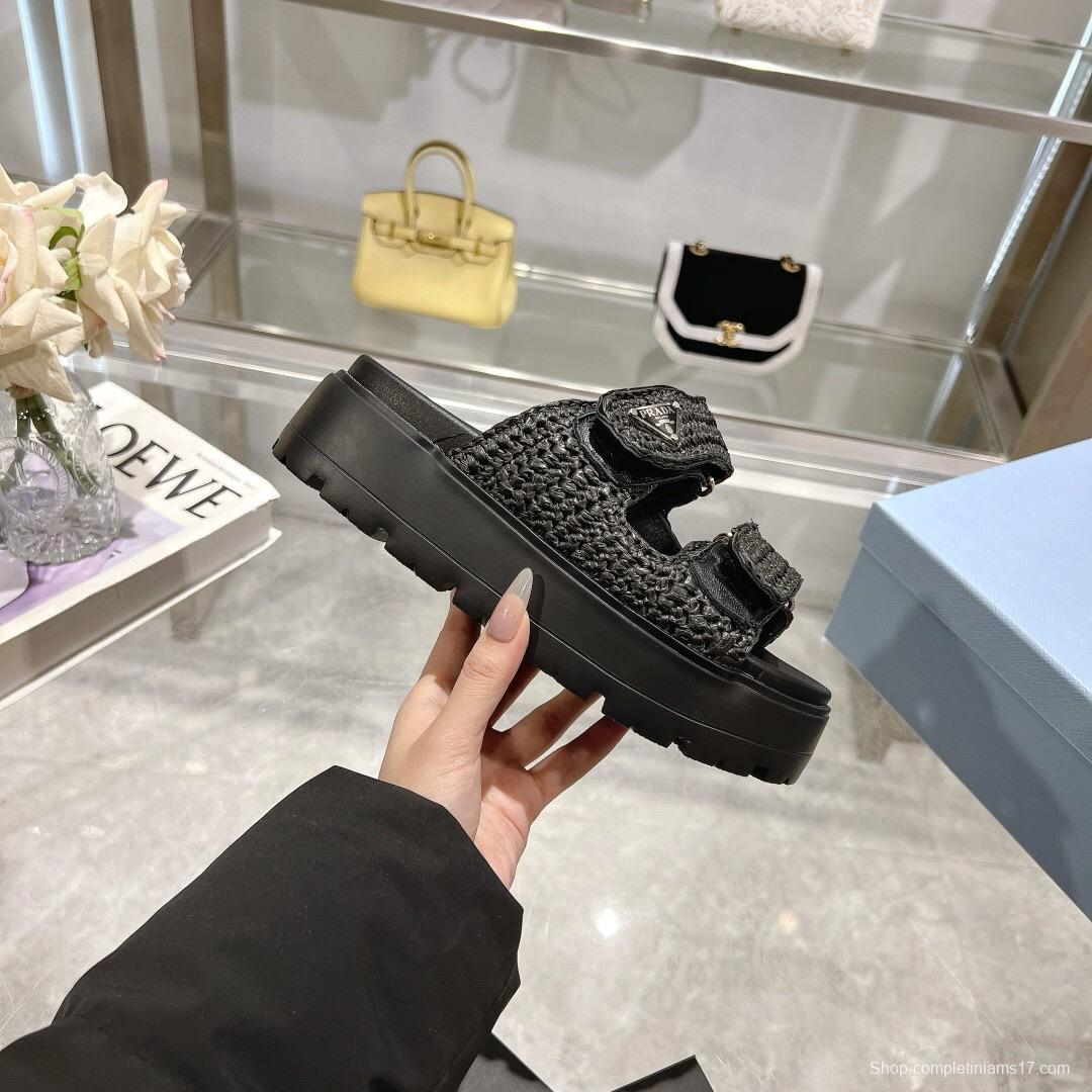 2025 Women Prada Black Woven Leather Sandals LY