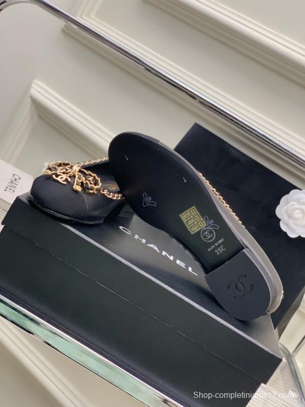 2025 Women Chanel Black Gold Leather Ballet Flats