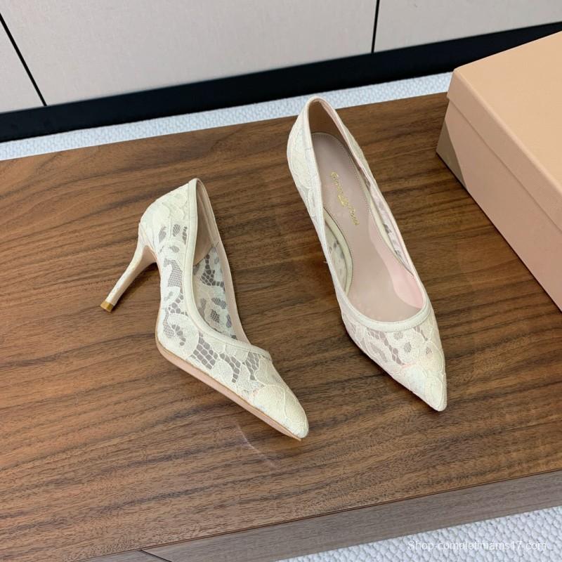 2025 Women Gianvito Rossi White Lace Leather Pumps KFY00280