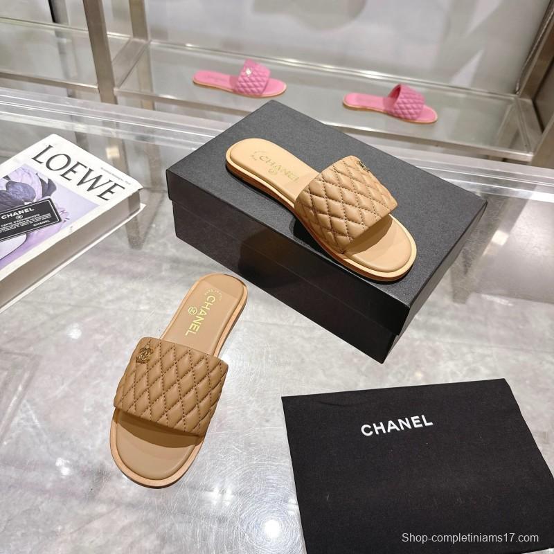 2025 Women Chanel Beige Lambskin Slippers LY00240