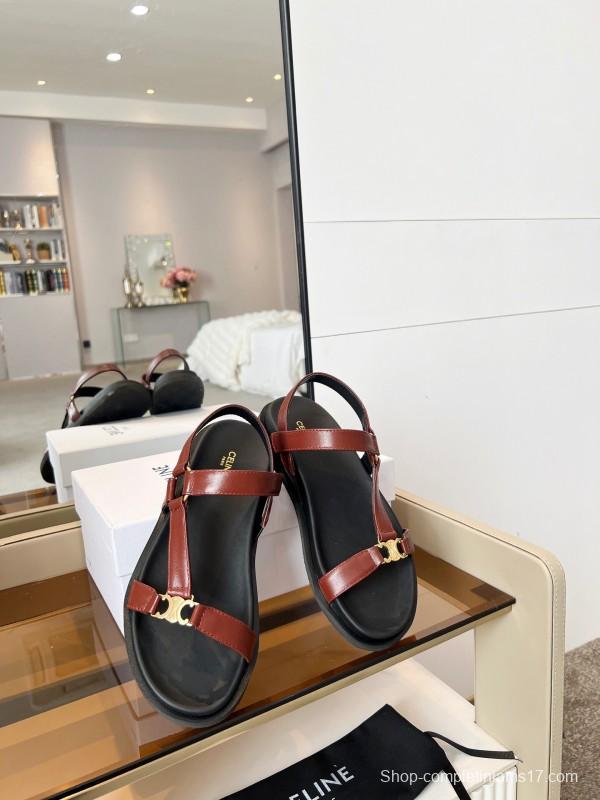 2025 Women Celine Brown Leather Flat Rome Sandals LY00220