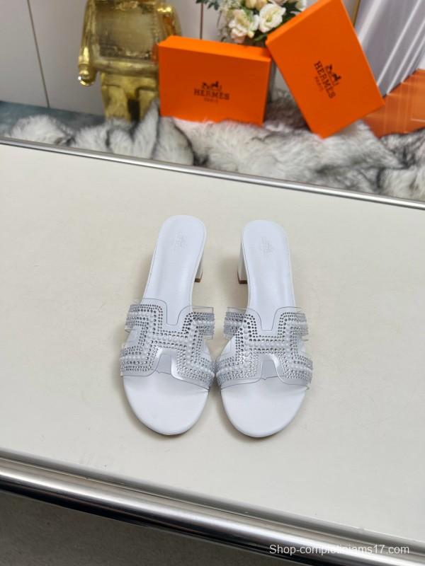2025 Slippers Hermès White Leather Crystal MJ00180