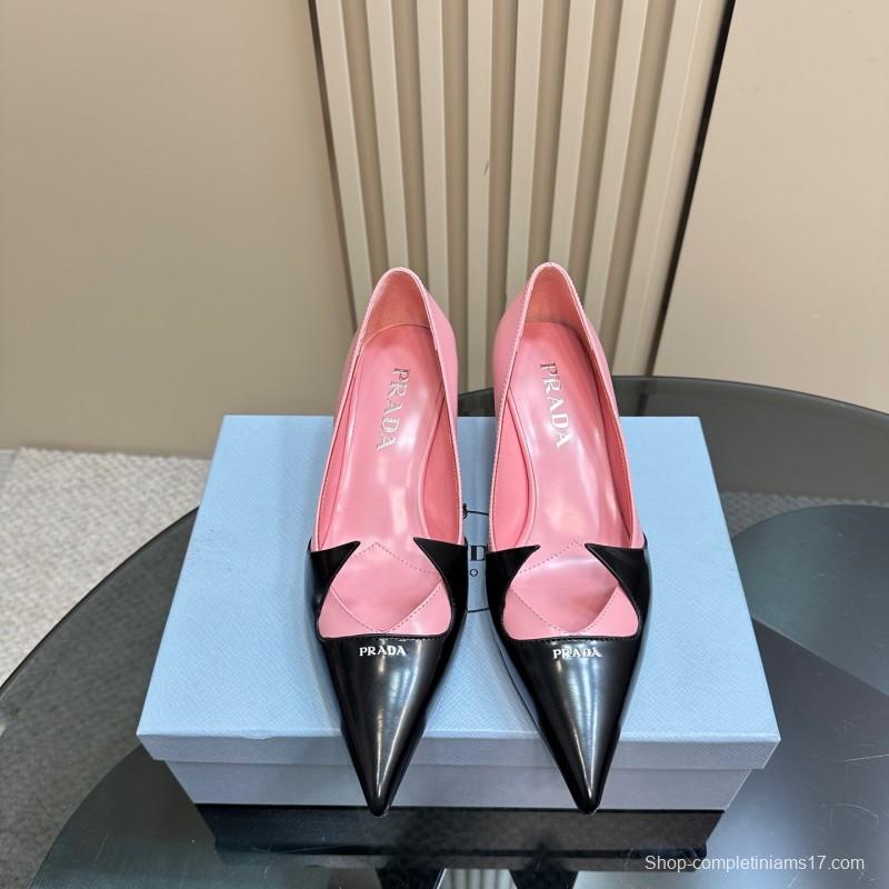 2025 Women Prada Pink Black Leather Pointed Toe Low Heel KFY00310