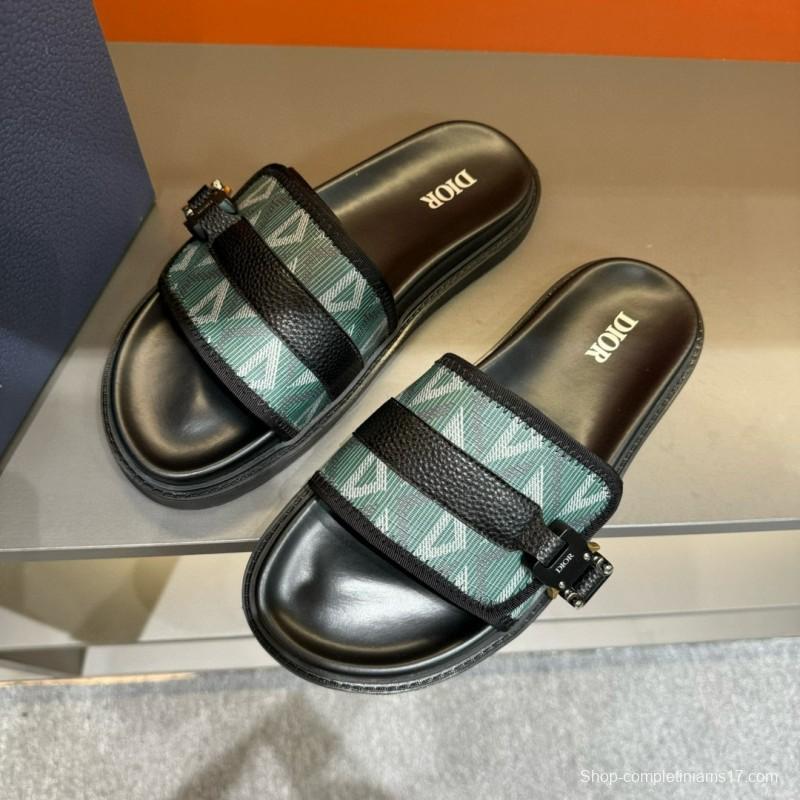 2024 Slippers Dior Green Black Leather Fabric Slippers