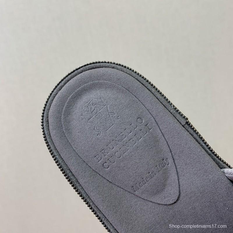 2025 Women BRUNELLO CUCINELLI Grey Suede Platform Slide Sandals Elegant Craftsmanship LY00360(F)