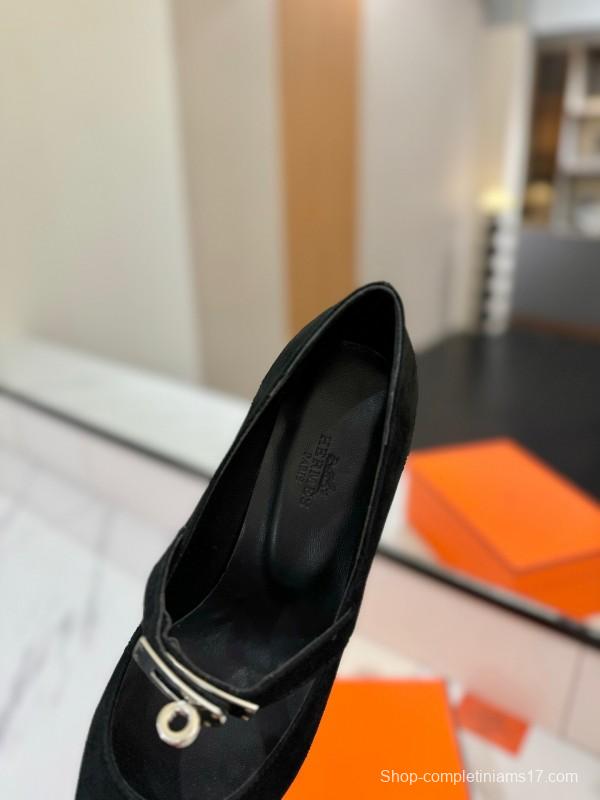 2025 Women Hermès Black Suede Pumps KFY00330