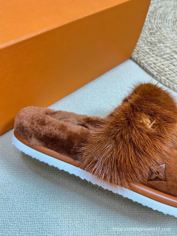 2024 Slippers Louis Vuitton Brown Suede Shearling Slippers MJ00340
