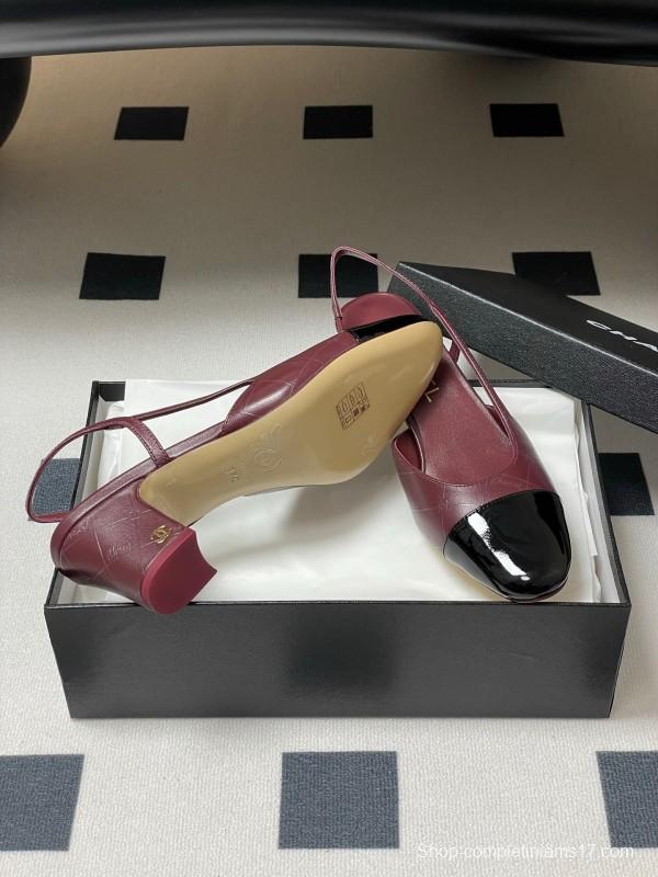 2025 Women Chanel Burgundy Black Leather Sling-back Chunky Heel