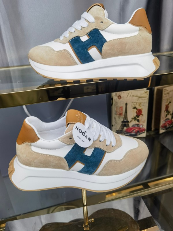 2025 Unisex HOGAN White Beige Blue Leather Suede Platform Sneakers H-STRIPES LY00360(F)/LY00370(M)