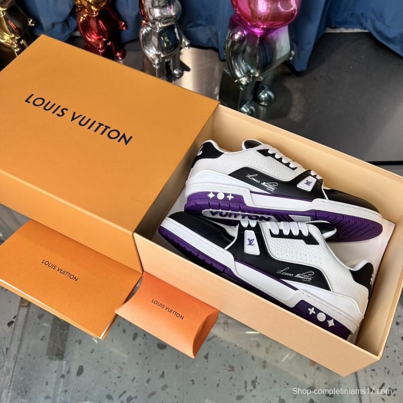 2025 Unisex Louis Vuitton White Black Purple Leather LV Trainer