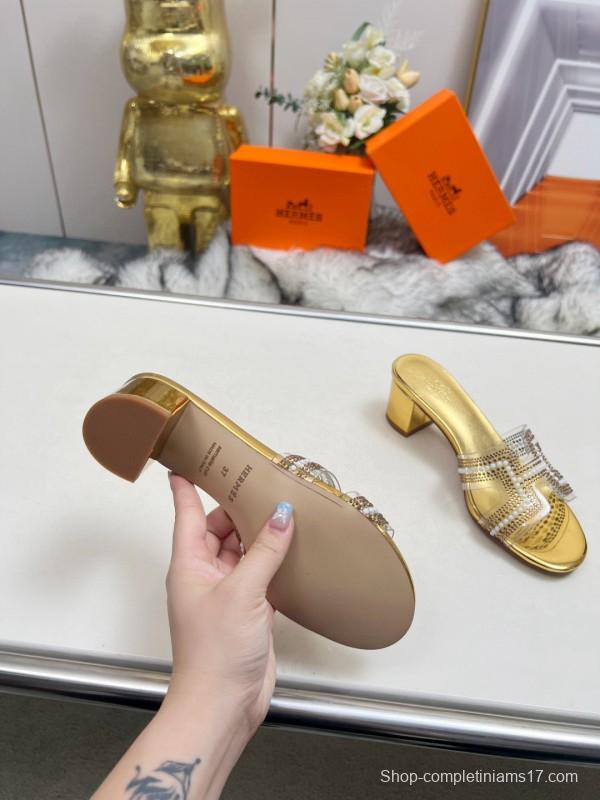 2025 Hermès Gold Leather Slippers MJ00180