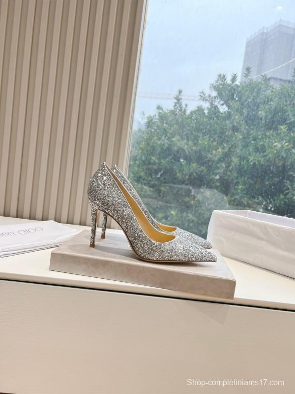2025 Women Jimmy Choo Silver Glitter Leather Pointed Toe Pumps