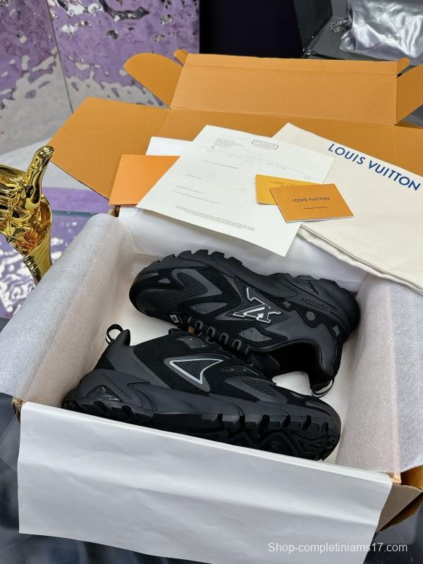 2025 Men Louis Vuitton Black Mesh Leather Sneakers MJ00420