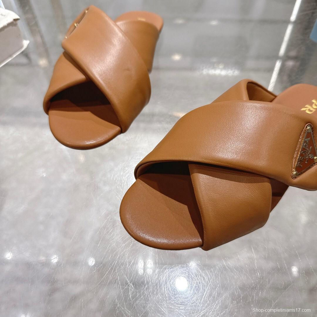 2025 Women Prada Brown Leather Slippers