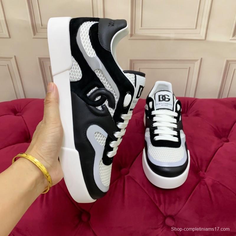 2025 Unisex Dolce & Gabbana Black White Mesh Leather Sneakers