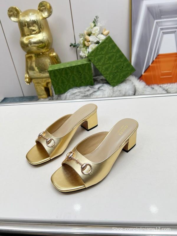 2025 Women Gucci Gold Leather Heeled Slip-On Horsebit MJ00180