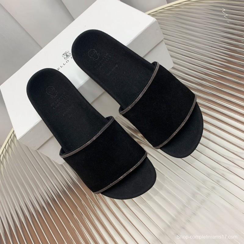 2025 Women BRUNELLO CUCINELLI Black Imported Suede Flat Sandals Handcrafted Beaded Chain Decoration KFY00240(F)