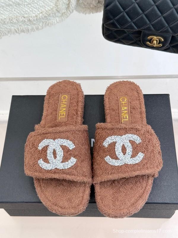 2025 CHANEL Brown Terrycloth Slippers CC Logo KFY00220