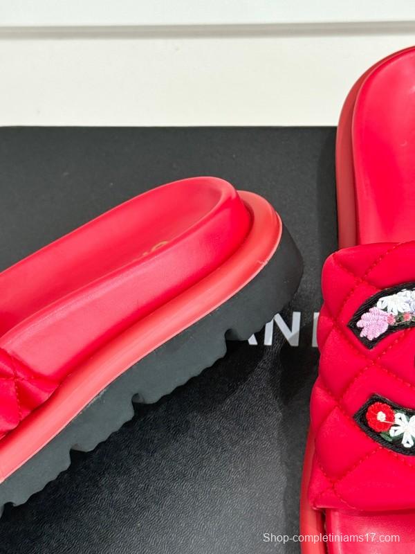 2025 Slippers Chanel Red Quilted Sequins Slide KFY00261