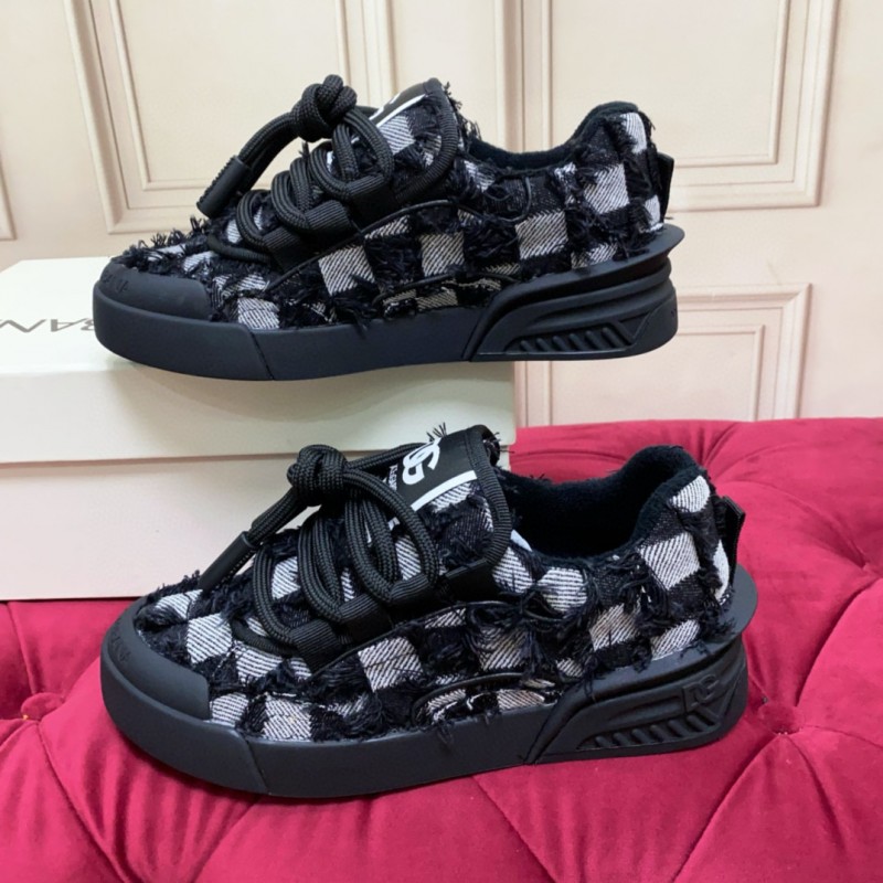 2024 Unisex Dolce & Gabbana Black White Wool Leather Sneakers MJ00340