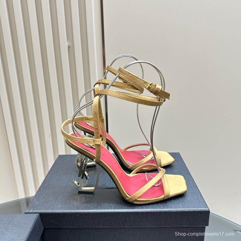 2025 Women Yves Saint Laurent Yellow Silk Strappy Heels