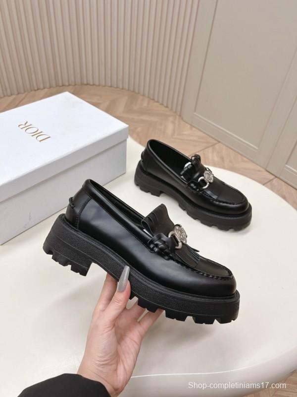 2025 Women Dior Black Leather Loafers KFY00350