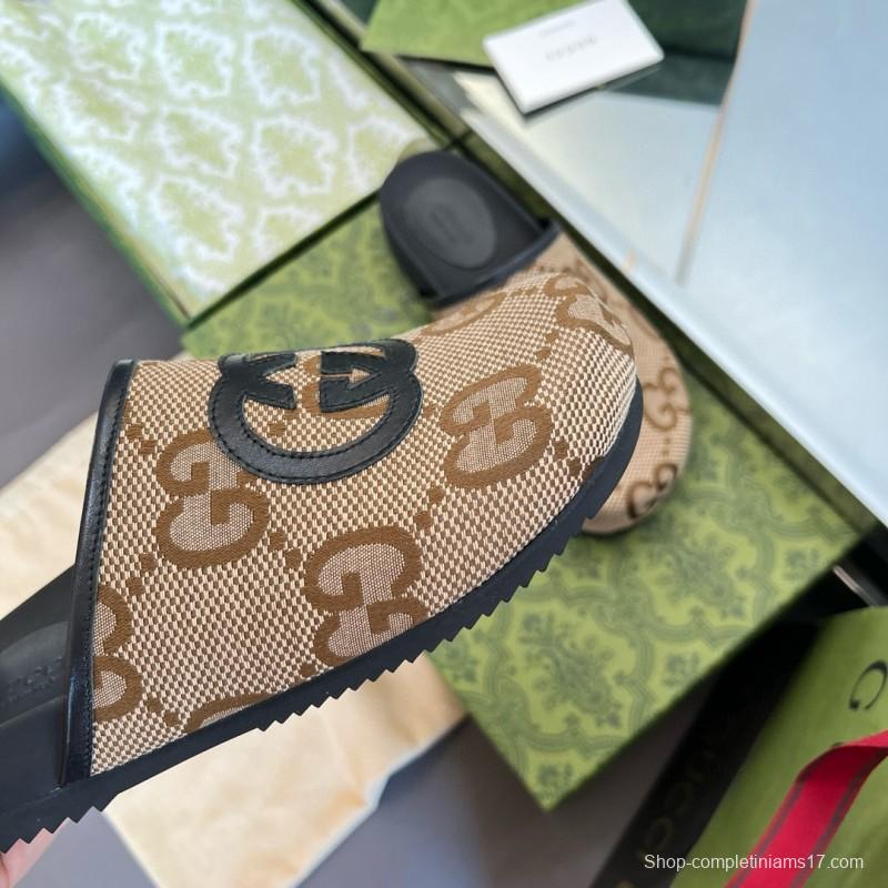 2024 Unisex Gucci Beige Brown Leather Slippers GG Pattern MJ00280