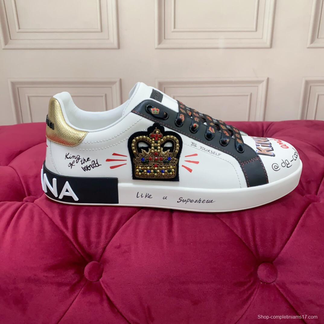 2025 Unisex Dolce & Gabbana White Black Gold Leather Sneakers Embroidered LY00340(F)/LY00360(M)