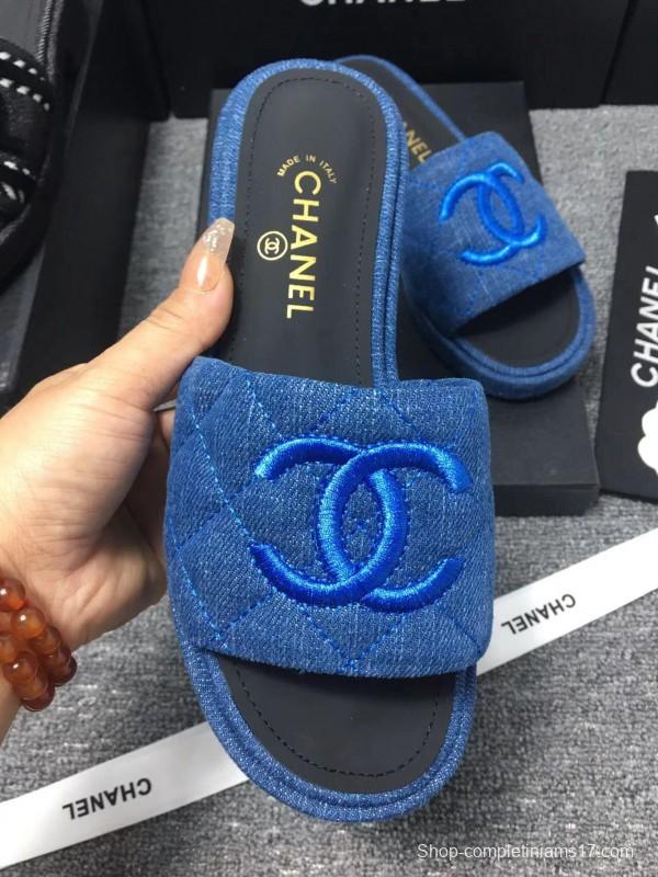2025 Women Chanel Blue Fabric Slippers LY00000