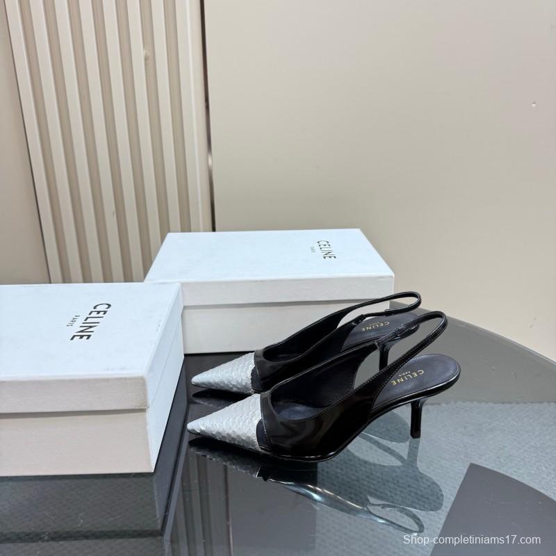 2025 Women CELINE Black White Leather Slingback Heels KFY00310