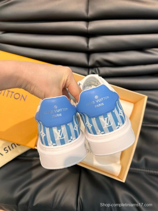 2024 Unisex Louis Vuitton White Blue Cow Leather Mesh Sneakers MJ00400