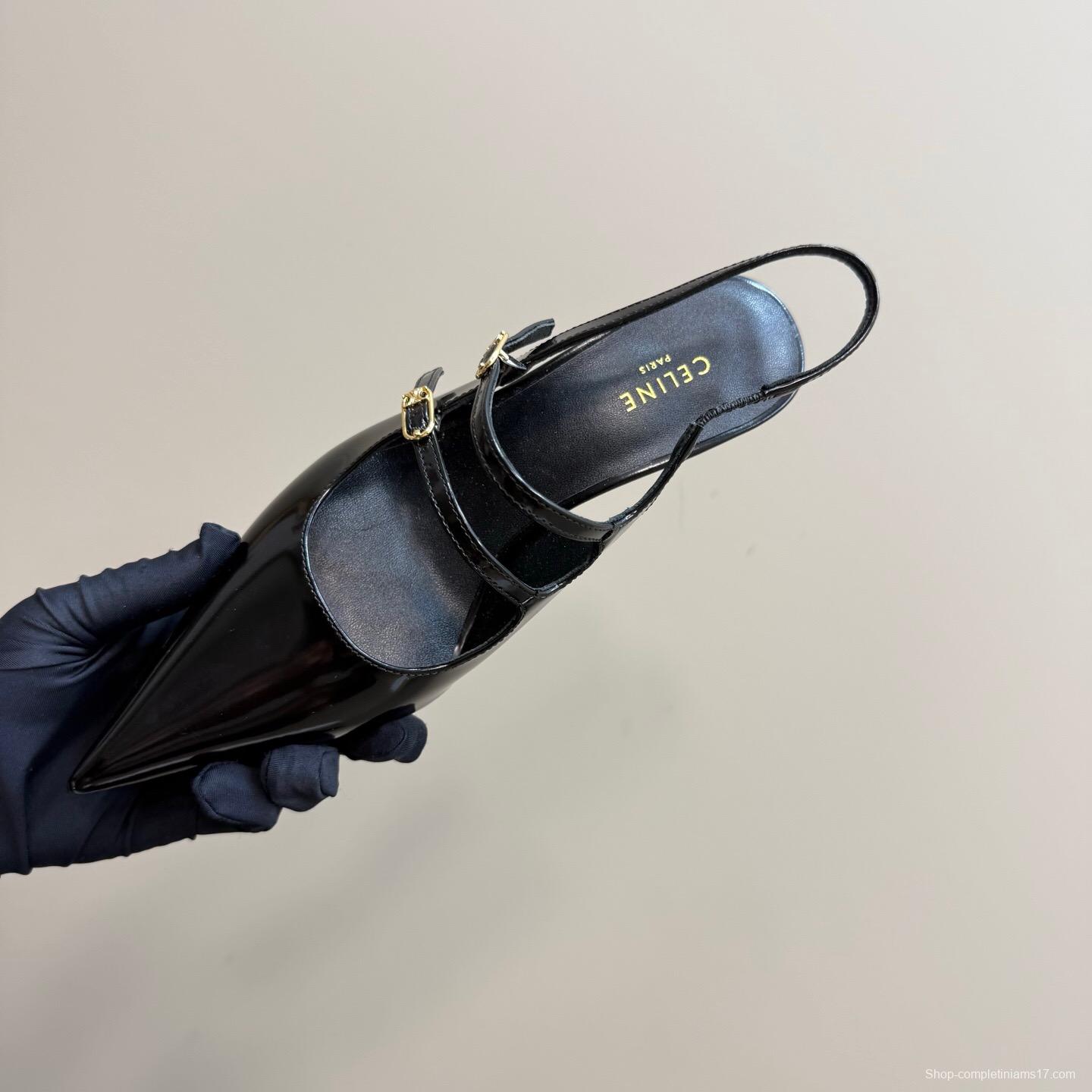 2025 Women CELINE Black Patent Leather Slingback Heels
