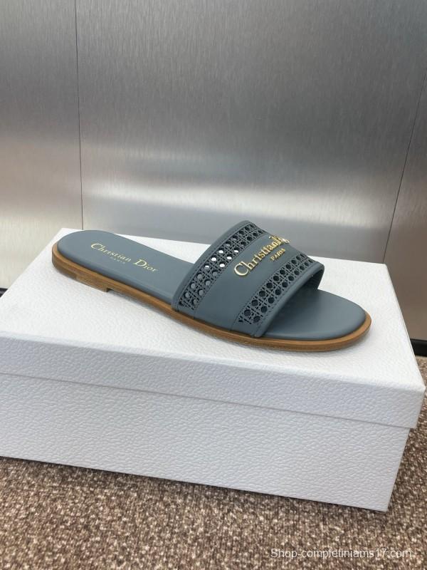 2025 Women Dior Blue Leather Slippers KFY00300