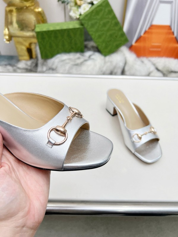 2025 Women Gucci Silver Leather Mules Horsebit MJ00180